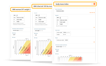 Body mass index calculation results, formulas and graphs