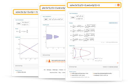Solve equations, systems of equations and inequalities with plots and alternate forms