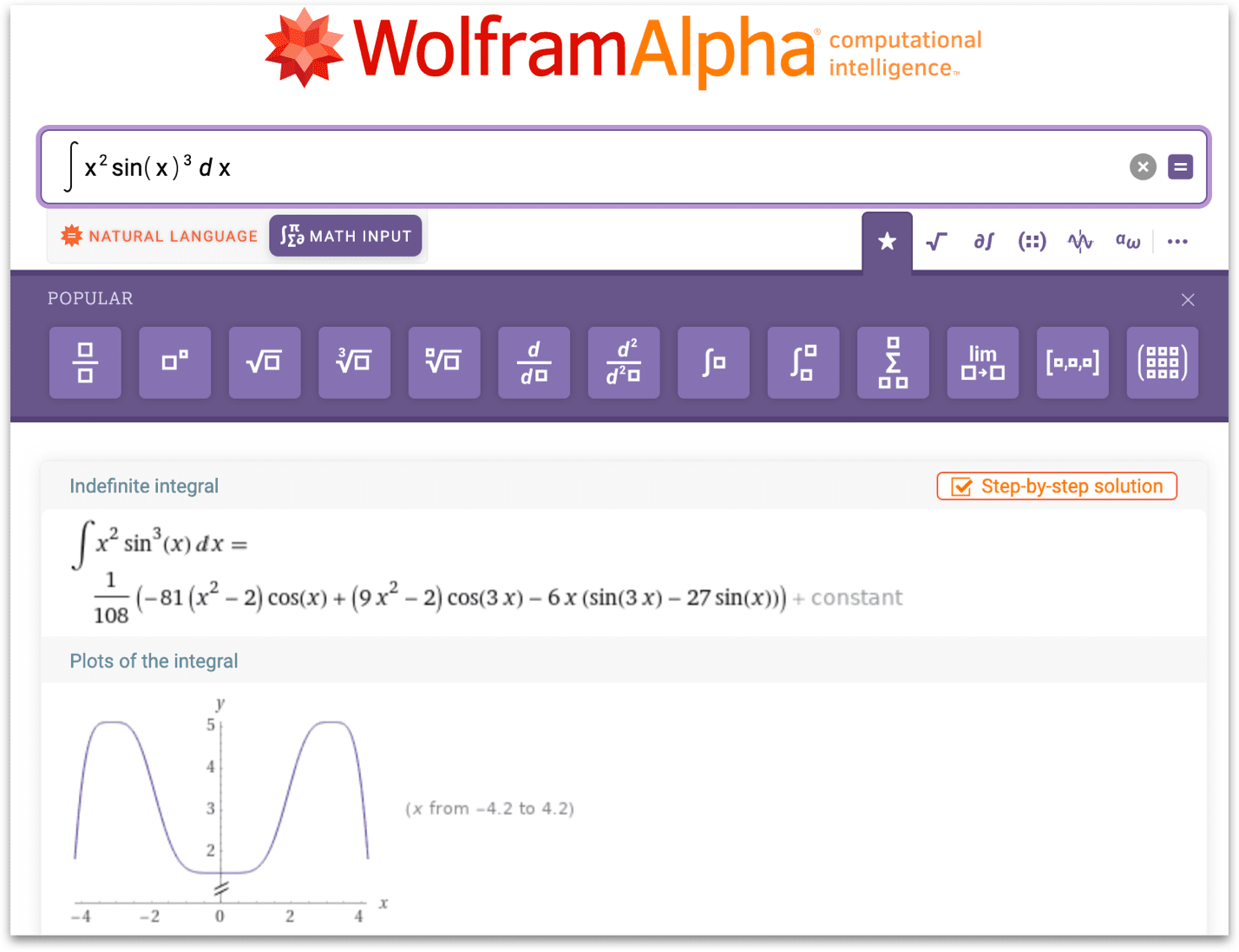 Math input on wolframalpha.com